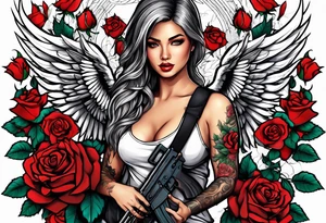 Beautiful angle standing with wings and tattoos surrounded by roses holding a ak 47 tattoo idea