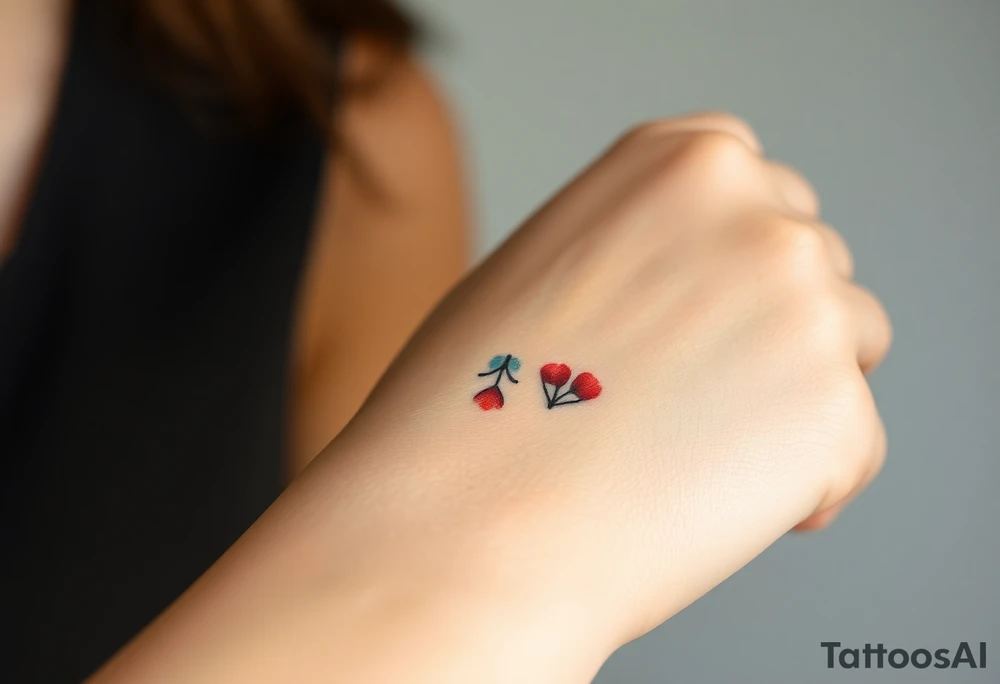Design a very small (max 2x2 cm) tattoo for the inner wrist that subtly symbolizes lesbian identity. It should be minimal and delicate — possibly fine line or soft color. The design must be discreet yet meaningful, not instantly recognizable as LGBTQ but with layered symbolism. Think of subtle elements like intertwined female symbols, abstract sapphic references, or a hidden double meaning through nature (e.g. flowers, moons, triangles). Avoid clichés or bold pride imagery. Keep it elegant, wearable, and intimate tattoo idea