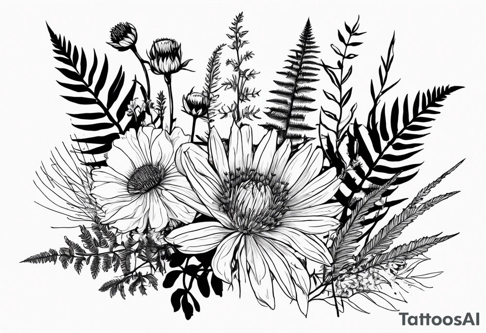 spread out mixed wildflower bouquet with ferns, thistle and with rcolor tattoo idea