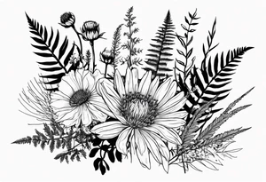 spread out mixed wildflower bouquet with ferns, thistle and with rcolor tattoo idea