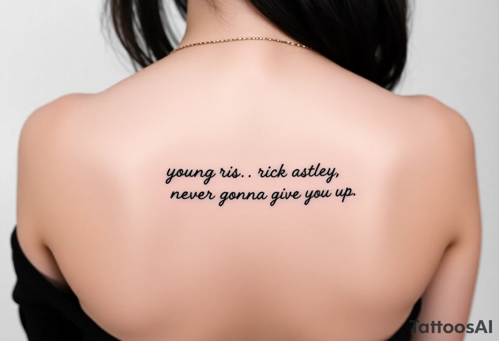 Young Rick Astley Dance and Never Gonna Give You Up text tattoo idea