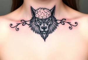 Big bad wolf nursery rhyme wearing a sheep costume with sheep head hood to kill and eat the three little pigs and little red riding hood tattoo idea