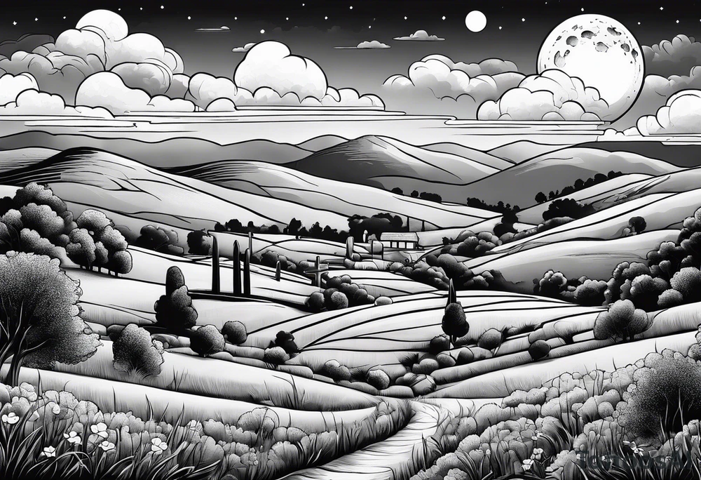 Cemetery on hills with clouds and moon tattoo idea