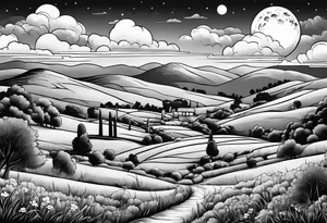 Cemetery on hills with clouds and moon tattoo idea