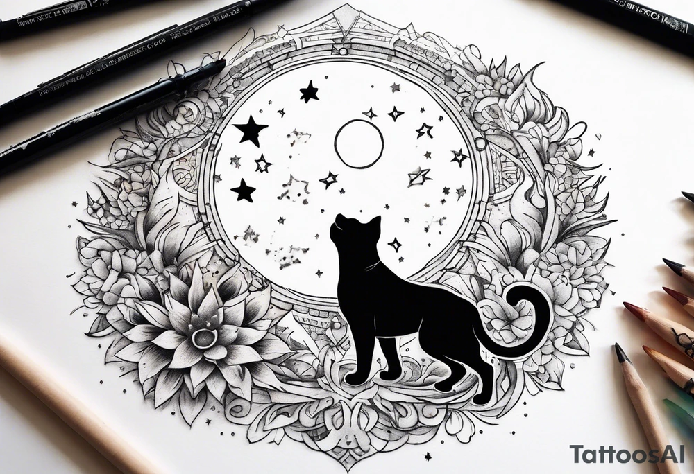 Sun and moon intertwined together with a romantic kiss or hug
With a pawprint pathway going to 2 cat and pitbull dog face surrounded with intergalactic Stars and infinite love bond tattoo idea