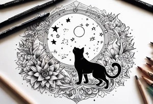 Sun and moon intertwined together with a romantic kiss or hug
With a pawprint pathway going to 2 cat and pitbull dog face surrounded with intergalactic Stars and infinite love bond tattoo idea