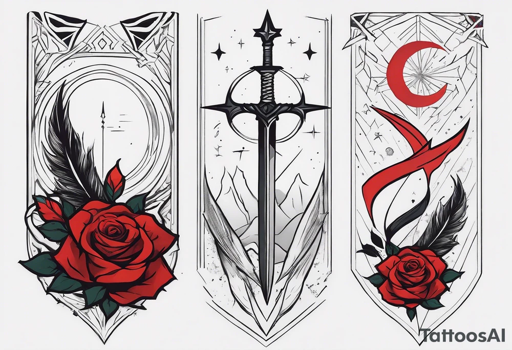 complete upper arm sleeve. Feature three mountain peaks, each topped with a simple star from a court of thorns and roses. Emphasize crossed swords, integrating with abstract, feather-like patterns that evoke the Valkyrie spirit like nesta from a court of silver flames. Keep the design in clean, simple lines. tattoo idea