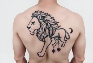 woman that transforms into lionness with amazigh symbols, from right rib to right thigh tattoo idea