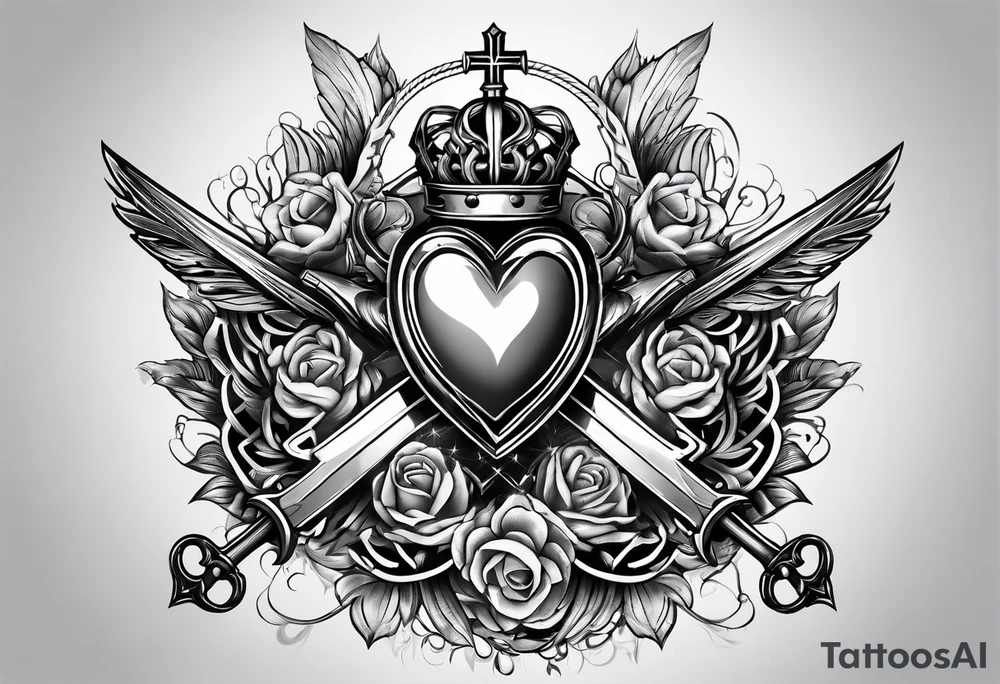 sacred heart with 3 swords instead of a cross. In front of a seraphim. tattoo idea