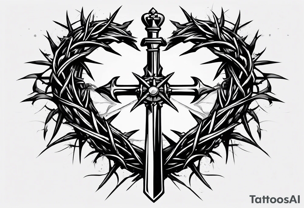A simple design of a crown of thorns resting on the guard of a sword that is piercing a heart tattoo idea