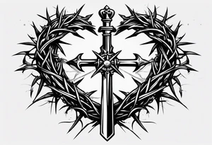 A simple design of a crown of thorns resting on the guard of a sword that is piercing a heart tattoo idea