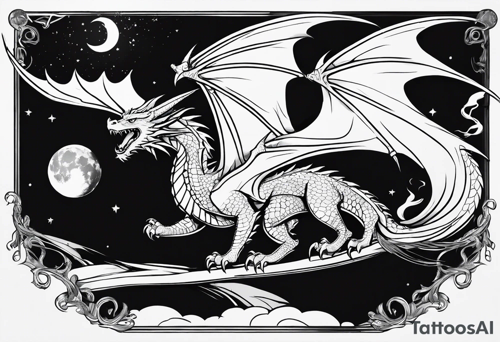 Dragon from game of the thrones flying to the moon minimalism tattoo idea