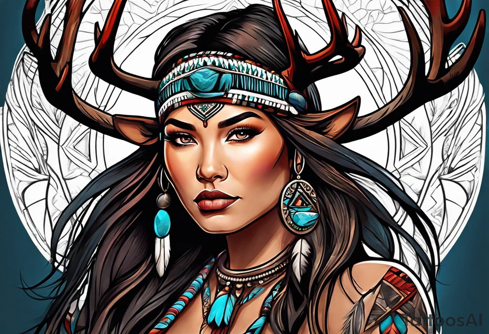 Native American women with deer antlers tattoo idea