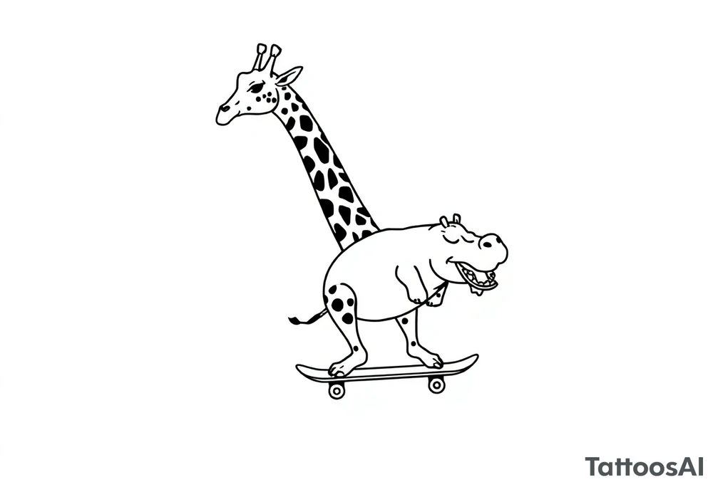 Majestic giraffe riding a skateboard and eating a hippo sandwich tattoo idea