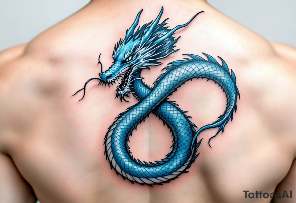 The design features a dragon, coiled in the shape of the infinity symbol (sideways number "8"). The dragon is depicted eating its own tail, symbolizing eternity and continuity, inspired by the Ouroboros.

Details:

The dragon's body has vibrant, glossy blue scales, with a smooth and polished texture.
It maintains a clean, balanced shape in the infinity figure, with sharp details and elegant flow.
Style:

The focus remains on the dragon's form, with no additional background elements to keep the design minimal and modern. tattoo idea