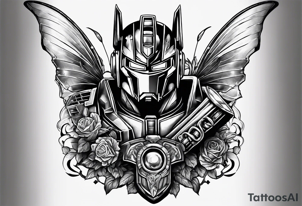 Optimus prime holding Sonic, a butterfly, saxophone, power ranger tattoo idea
