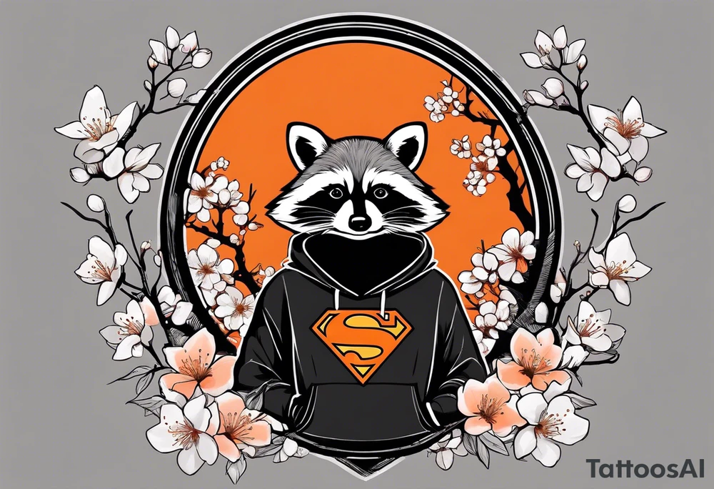 Raccoon wearing a white Superman logo on a black hoodie and orange Japanese cherry blossoms tattoo idea