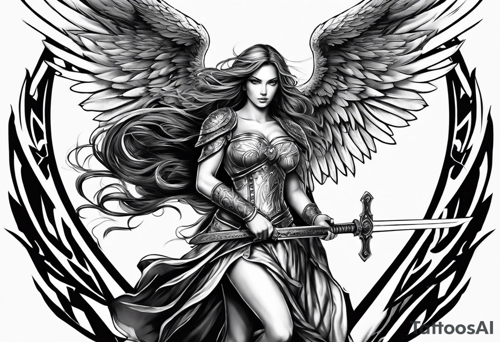 Female angel with sword lightning and lightning eyes tattoo idea