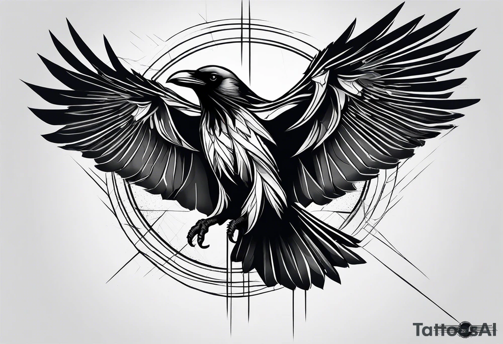 outline with straight lines of a flying raven, without grafik inside, no curves tattoo idea