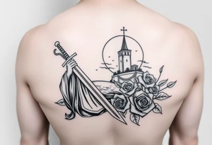 Saint Barbara carrying a sword detailed with a tower in the background, the sea, and roses tattoo idea