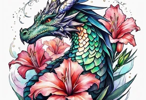 Dragon and hummingbird surrounding a gladiolus tattoo idea