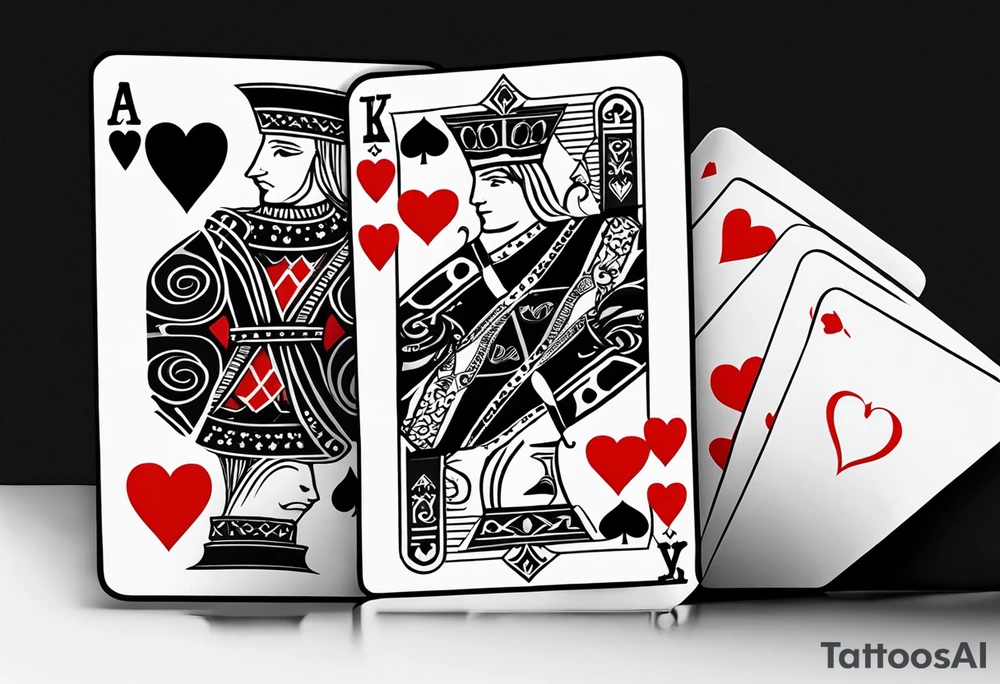 Only  Two cards, king of hearts with the K in the middle of the card and hearts in the corners and the Ace of spades behind it with the A in the corner peeking from behind the king of hearts card tattoo idea