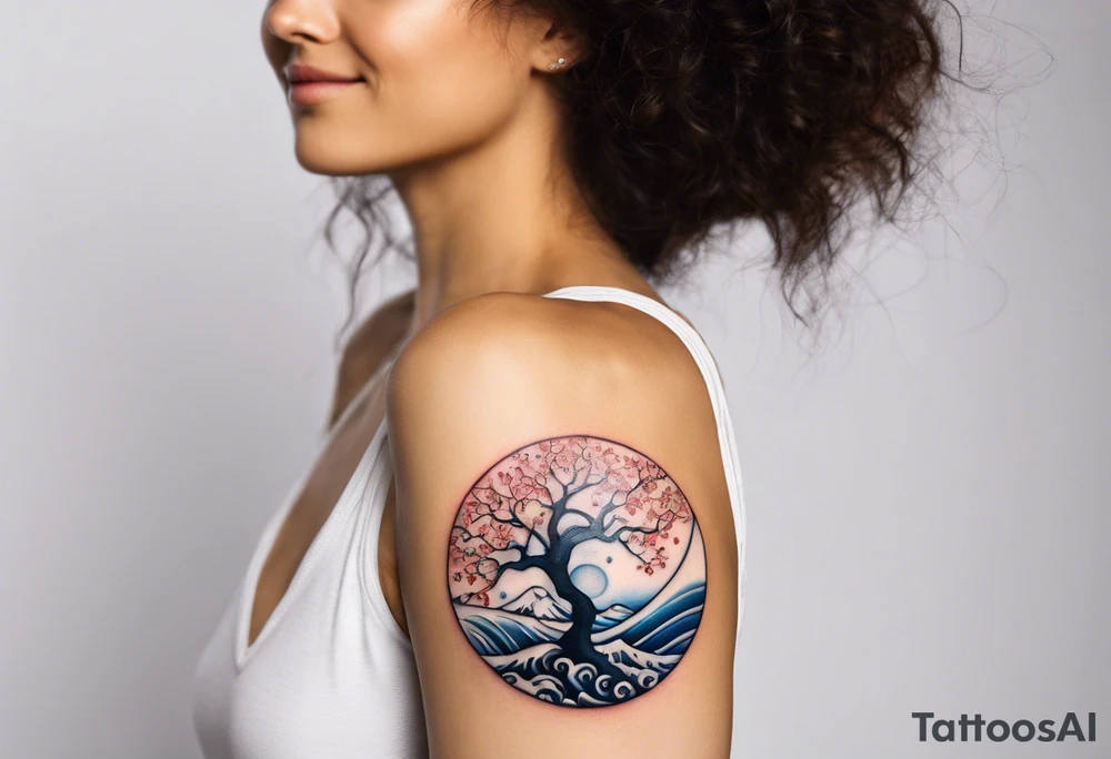 A tattoo of an abstract Tree of Life tattoo to be placed directly on the bicep of a woman. It can wrap around the arm a little. It should have roots growing out of the bottom. The roots slowly turn into water from the Great Wave by Hokusai. A golf flag should be placed discreetly growing out of the ground. 2 license plate tags should be hanging from the tree. Place a few music notes in the areas the leaves should be. The letters A U should be engraving into the tree trunk in a heart. Not inside a circle. The overall shape of the tattoo should be organic. Black and white only. tattoo idea