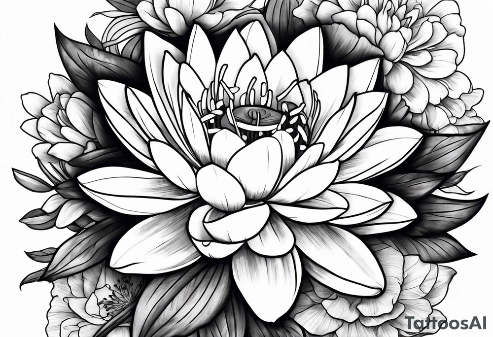 Larkspur and water lily bouquet tattoo idea