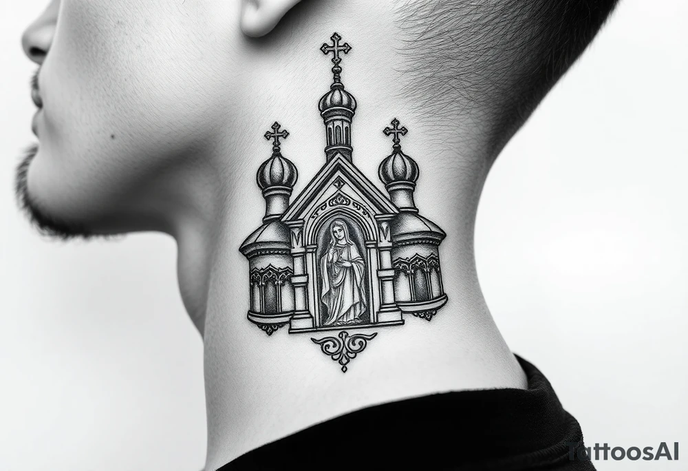 medium traditional russian orthodox church with russian coat arms and virgin mary on the side of your neck tattoo idea