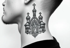 medium traditional russian orthodox church with russian coat arms and virgin mary on the side of your neck tattoo idea
