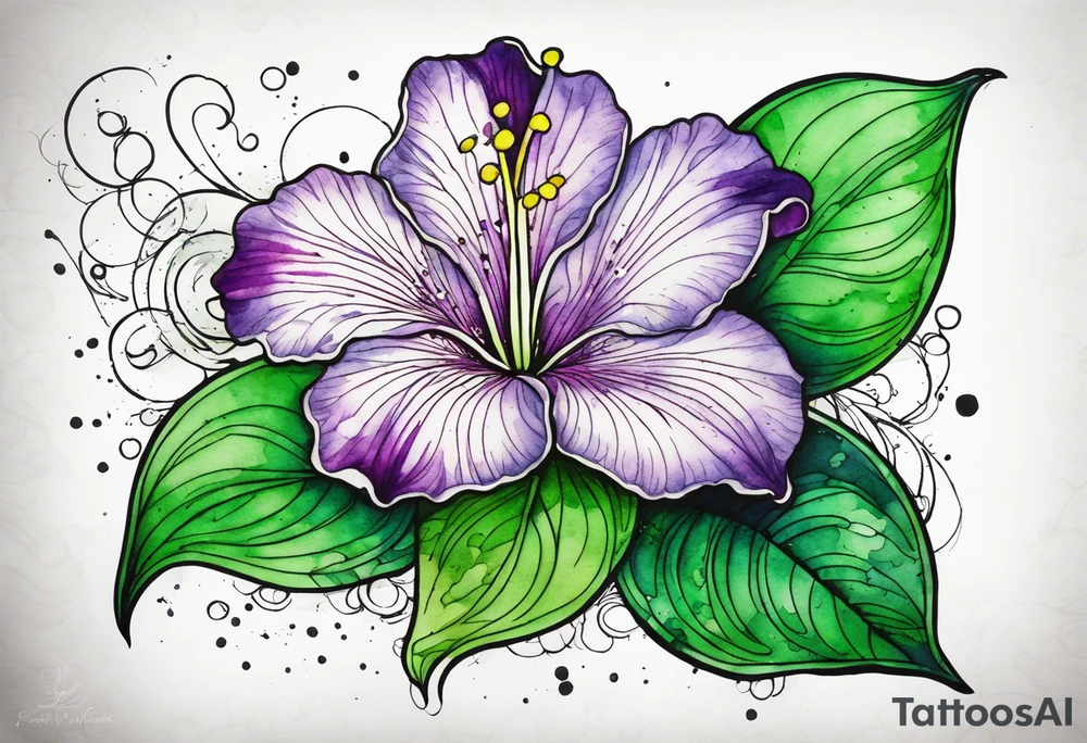 An outline of an only green rio dipladenia flower and a green and purple watercolor splash in the background tattoo idea