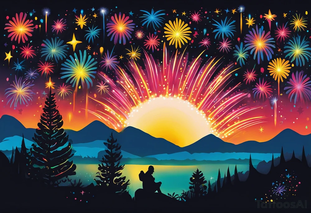 Fireworks burst across the night sky, surrounded by glowing candles and stars, capturing the magic and nostalgia of Colombian December nights. The scene is vibrant with multi-colored lights and an air of celebration. Soft linework mist or halos around the fireworks adds a magical, dreamy quality to the scene. The tattoo reflects joy and tradition, with an emphasis on warmth and festivity. tattoo idea