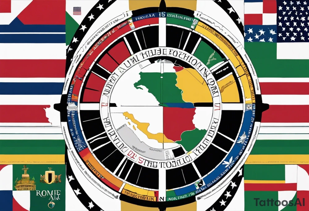 design a wheel with 5 sections. Each section to represent a moment of my life. First section to represent Rome,Italy where I was born. Second section to represent the beginning of my fling career in the Italian Air Force. Think section to represent moving to the United States, Spokane exchacly and continuing flying for Horizon Air. Forth section to include moving to Hawaii and starting a new life style, laid back, growing my own food, taking all the aloha spirit in together with my blondie curly hair partner Ronda . Fifth section to stay empty for the future to come. In the middle of the wheel a combination of American and Italian flag tattoo idea