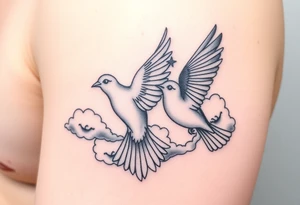 Dove and a blue jay, clouds, shining light to or from heaven tattoo idea