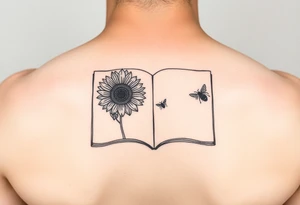 An open book with a sunflower and bees as one page tattoo idea