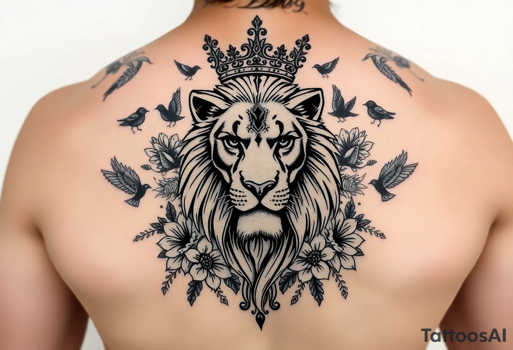 powerful majestic lion with a crown, surrounded by floral ornaments and birds tattoo idea