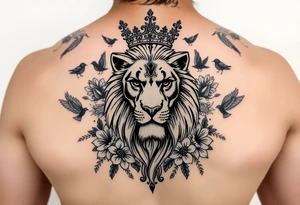powerful majestic lion with a crown, surrounded by floral ornaments and birds tattoo idea