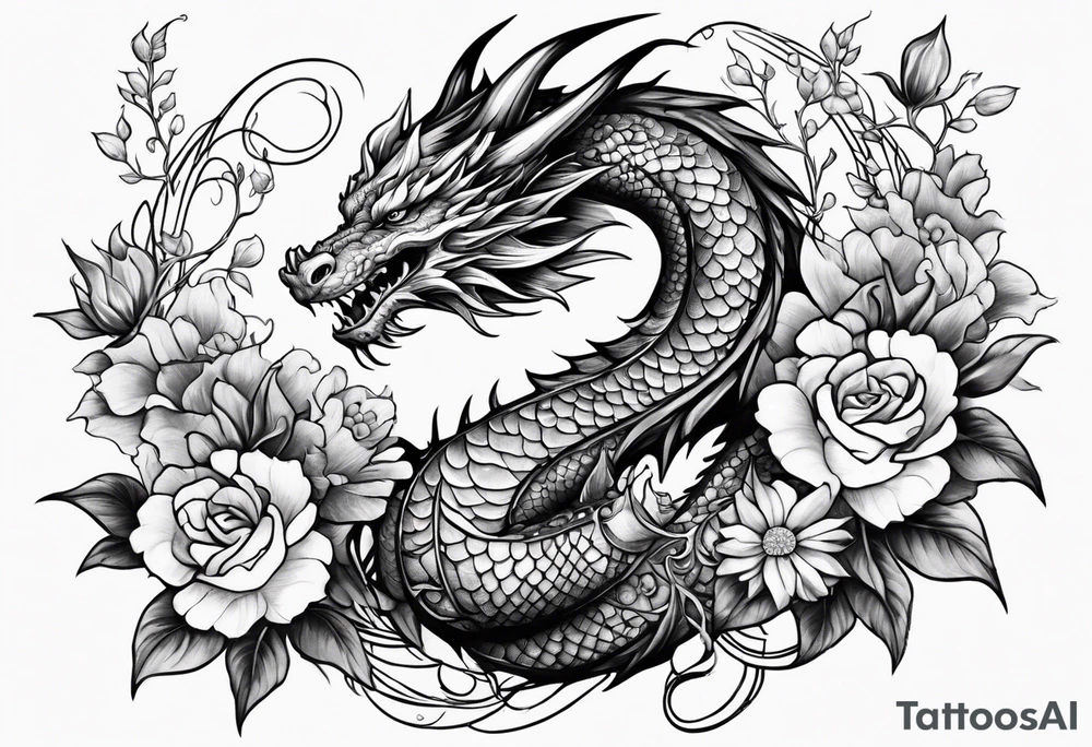 Fantasy dragon on forearm with vines and flowers tattoo idea