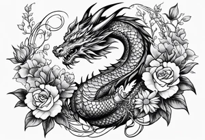 Fantasy dragon on forearm with vines and flowers tattoo idea