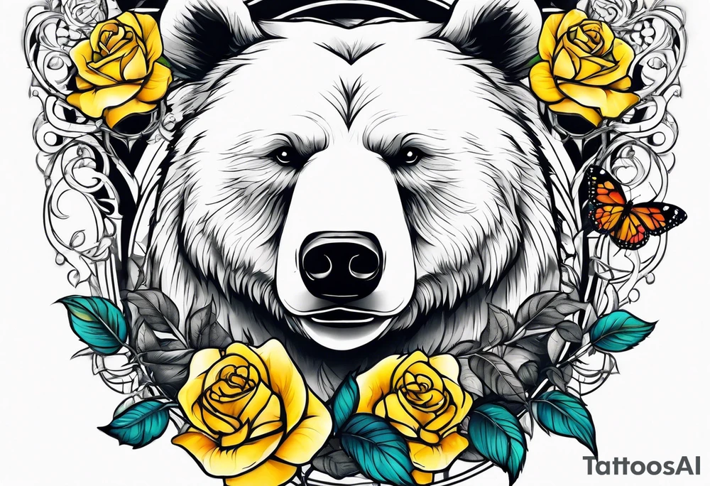 A bear sittng under the tree of life with three yellow roses, and three butterflies tattoo idea