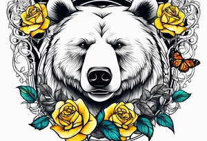 A bear sittng under the tree of life with three yellow roses, and three butterflies tattoo idea