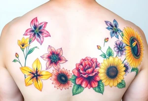 6 Vintage star gazer lillies some yellow some red wild roses and sunflowers and hydrangea to sleeve right arm tattoo idea