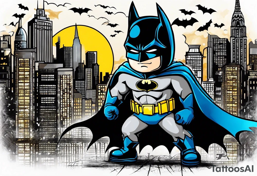 Little Batman with Batman-Logo and Gotham city in background. Bat signal is active. Batman is around in the city with a bat-claw tattoo idea