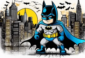 Little Batman with Batman-Logo and Gotham city in background. Bat signal is active. Batman is around in the city with a bat-claw tattoo idea