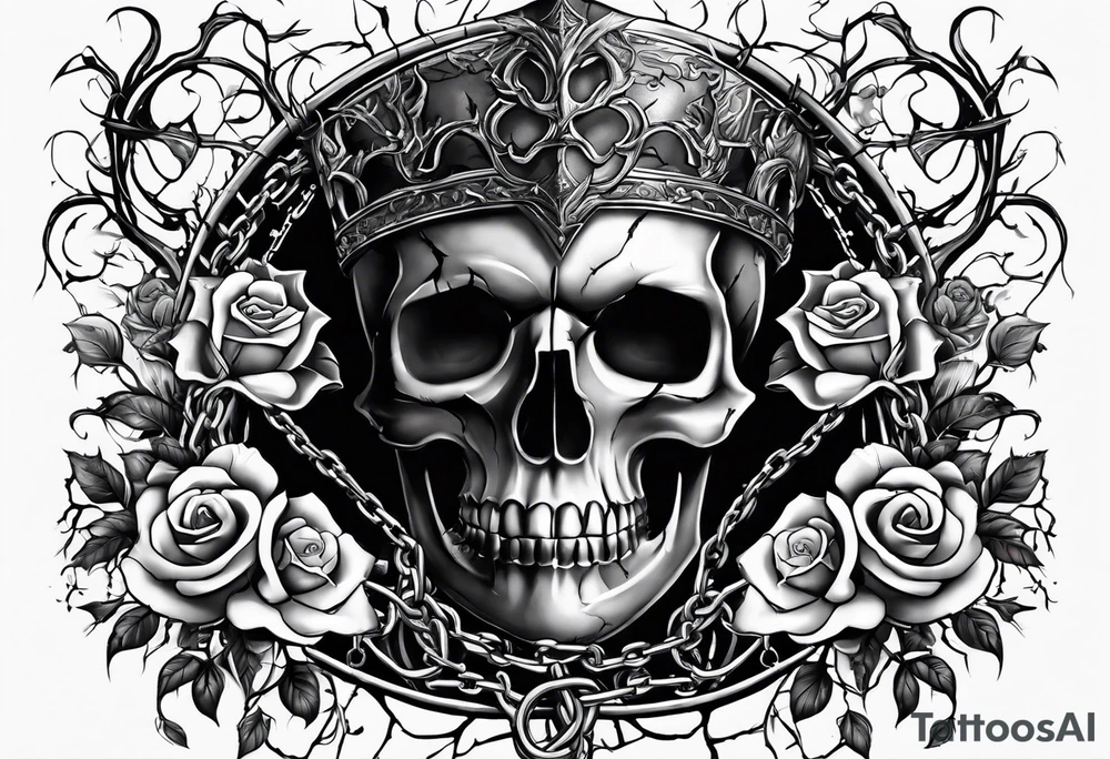 tattoo fool sleeve, destroyed dark gothic castle, tree roots break out of the chains, broken mask, roses tattoo idea