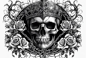 tattoo fool sleeve, destroyed dark gothic castle, tree roots break out of the chains, broken mask, roses tattoo idea