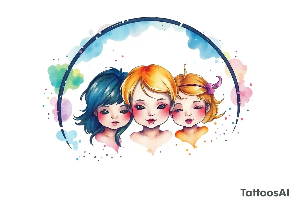 3 petites filles ( une cheveux noir et deux blondes)
sous un arc en ciel incomplet tattoo idea