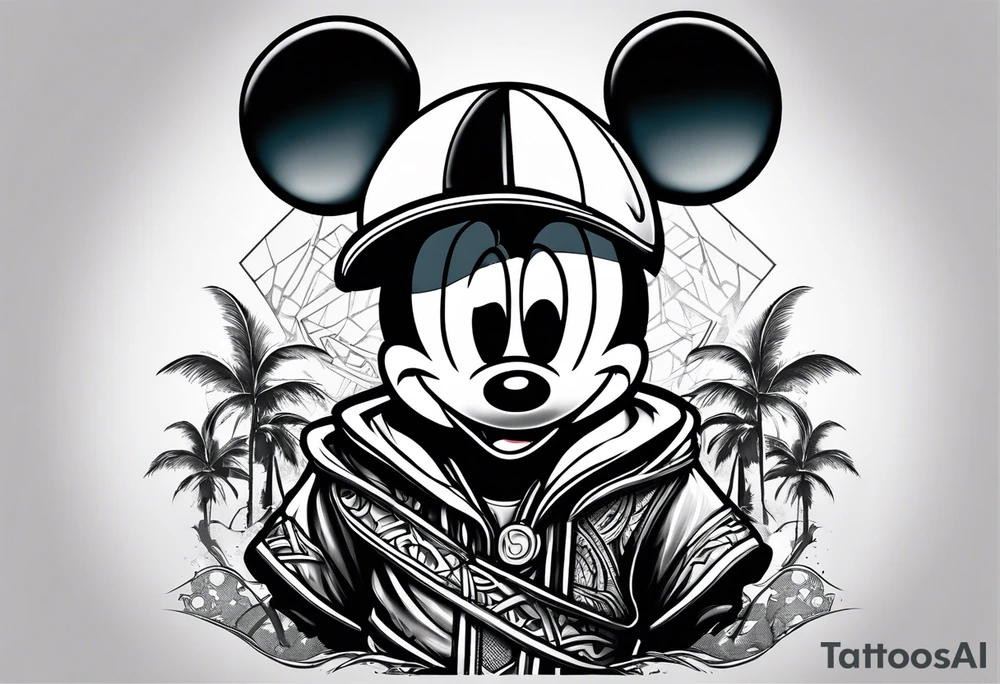 mickey mouse assassins creed character that is in the style of tron with palm trees tattoo idea