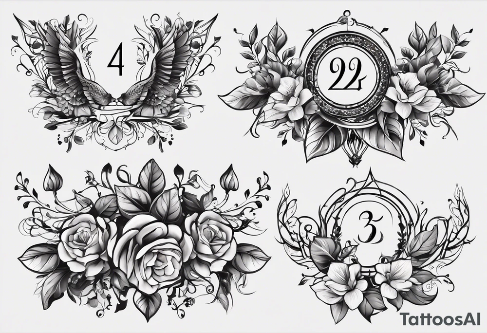 This tattoo will be on the back of the arm above the elbow. It will be the following numbers/coordinates: please add the nubers 31.8742° N, 91.1366° W, with simple ivy vines on both sides. tattoo idea