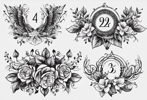 This tattoo will be on the back of the arm above the elbow. It will be the following numbers/coordinates: please add the nubers 31.8742° N, 91.1366° W, with simple ivy vines on both sides. tattoo idea